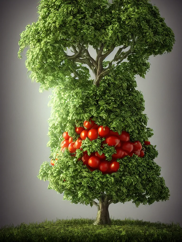 Prompt: highly detailed 3 d render of a mythical tree with sparse leaves of tomato, mozzarella, basil, hyper realistic octane render, cinematic lighting, deviantart, lowbrow, surrealism, pixar still