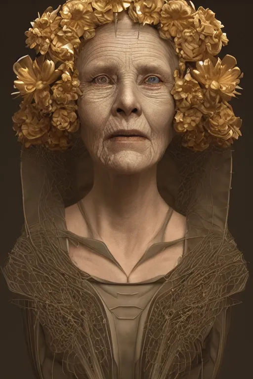 Prompt: portrait of a old female robot grandmother, intricate, dystopian toy, sci-fi, simple crown of little flowers, extremely detailed, digital painting, sculpted in zbrush, artstation, concept art, smooth, sharp focus, illustration, chiaroscuro lighting, golden ratio, incredible art by artgerm and greg rutkowski and alphonse mucha and simon stalenhag
