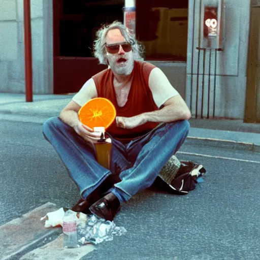 Prompt: hugh hopper on a street corner eating an orange and sipping diet pepsi