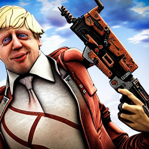 Prompt: Boris Johnson as a character in Borderlands, high detail