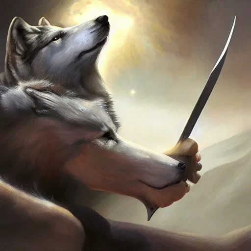 Prompt: wolf holding a sword in it's mouth, matte fantasy painting