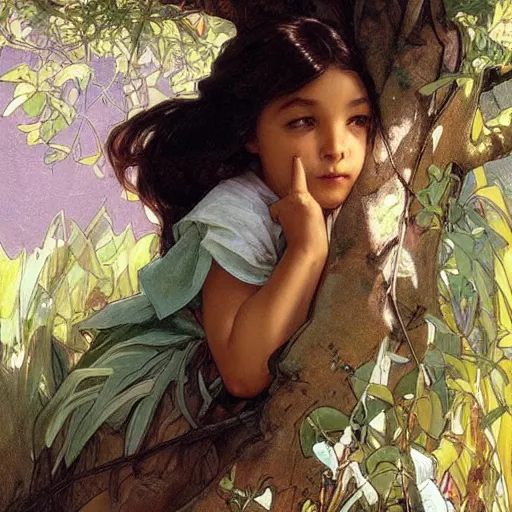 Prompt: a small child mischievously peeking out from behind a tree. painting by artgerm and greg rutkowski and alphonse mucha