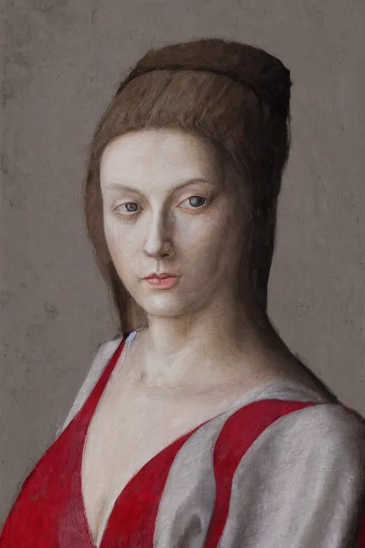 Prompt: hyper - realistic close - up portrait of a medieval woman, pale skin, splashes of red paint on the face, dressed in a silver silk robe, classicism style