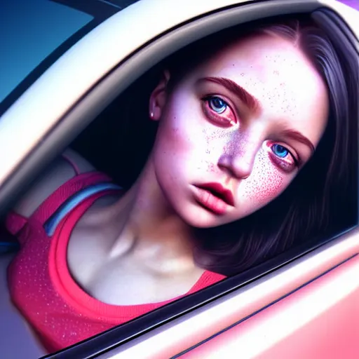 Image similar to beautiful hyperrealism hyperdetailed selfie of a cute young woman in her car, flushed face, red blush, light freckles, puffy lips, soft features, 8 k, sharp focus, art by irakli nadar