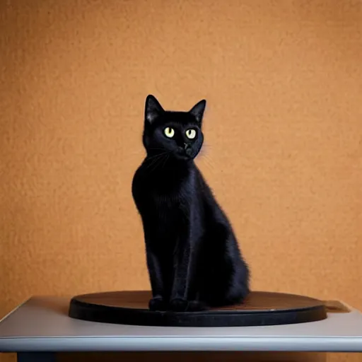 Image similar to studio photograph of a black cat sitting on a table