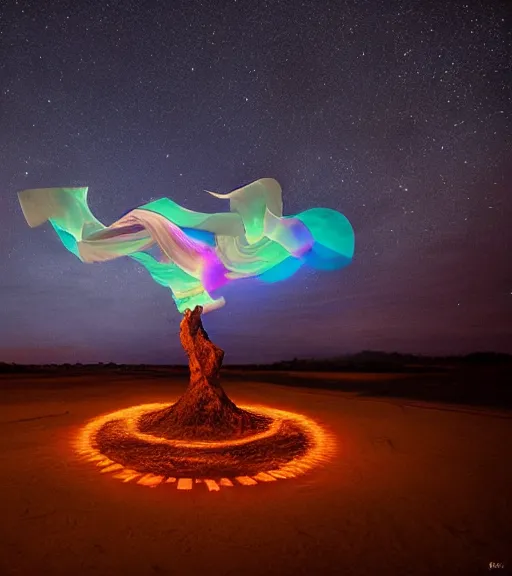 Prompt: lokah samastah sukhino bhavantu, light painting, iridescent, volumetric lighting, ethereal light, hyperrealistic, at night, epic, masterpiece, by reuben wu