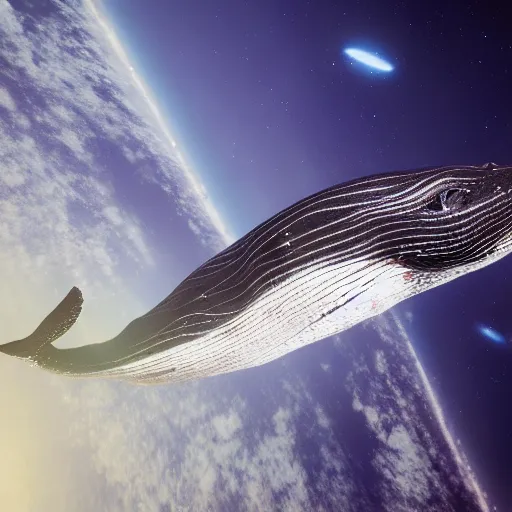 Image similar to high quality photo of big whale floating in space, photorealism, 8k, rendered by unreal engine