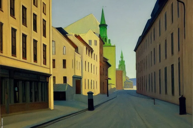 Image similar to the lonely streets of oslo, painting by edward hopper, award - winning, painting, calming, serene,