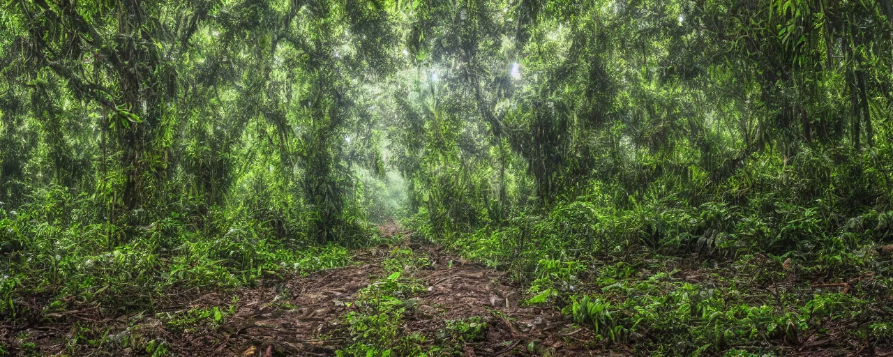 Image similar to photo of a jungle with large trees and vines, mud, puddles, foliage, realistic