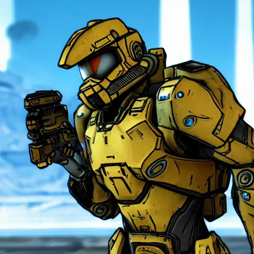 Image similar to master chief in the style of borderlands