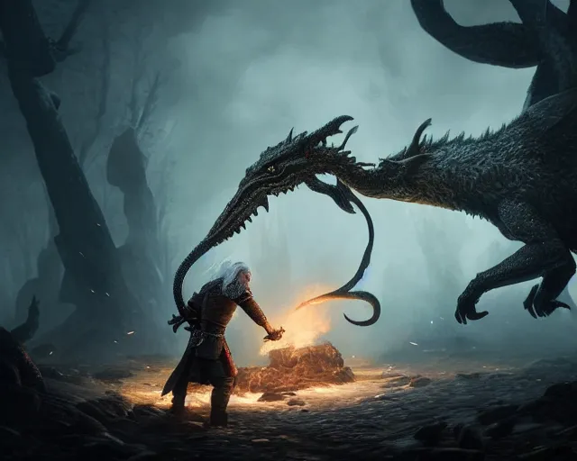 Image similar to 5 5 mm portrait photo of geralt fighting a 5 headed hydra with igni aign. magical atmosphere. art by greg rutkowski. highly detailed 8 k. intricate. lifelike. soft light. nikon d 8 5 0.