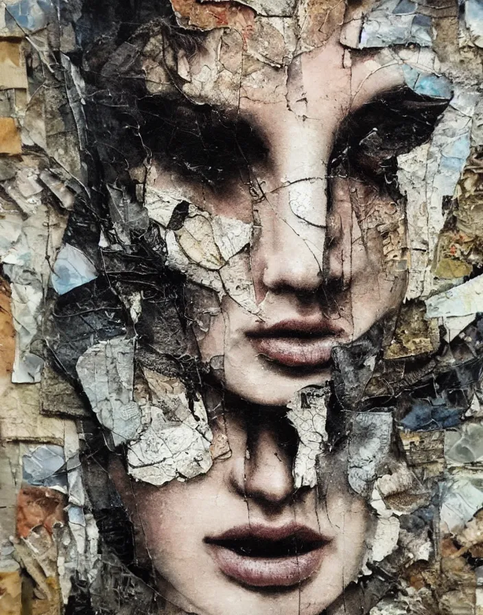 Prompt: embracing melancholic detailed analogue mixed media collage with canvas texture in style of contemporary art, punk art, hyperrealistic beautiful face, photorealistic, expressionism, masterpiece, perfect composition, spectacular quality torn paper, intricate oil details, broken glass