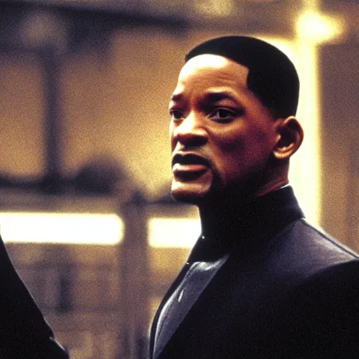 Prompt: film still of Will Smith as Neo in The Matrix, fight scene with agent smith in subway