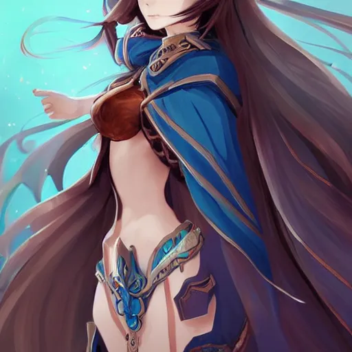 Image similar to “A detailed gorgeous beautiful anime woman with brown flowing hair, sorcerer , long blue cape, decorative leather armor, excellent detail, surrounded by a catacomb of books, high quality, Full-body character portrait, in the style of rossdraws, trending on artstation, hyper detailed, official art”