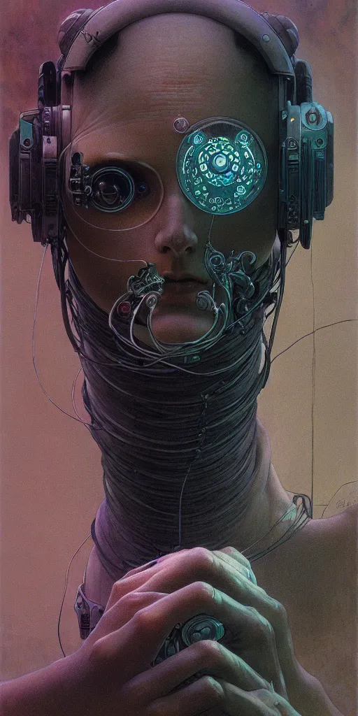 Image similar to ultra detailed, realistic cyberpunk portrait of one character, sci fi, cybernetic, wires, ar nouveau, by alfons maria mucha and zdzisław beksinski, dark mood, high detailed, 4 k, hd, high quality