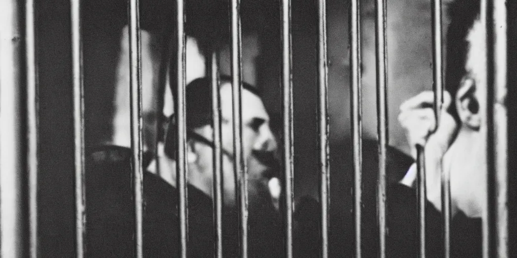 Image similar to freddie mercury sits behind bars in a russian prison, black and white photo, realism, 3 5 mm, prisoners in the background, good lighting