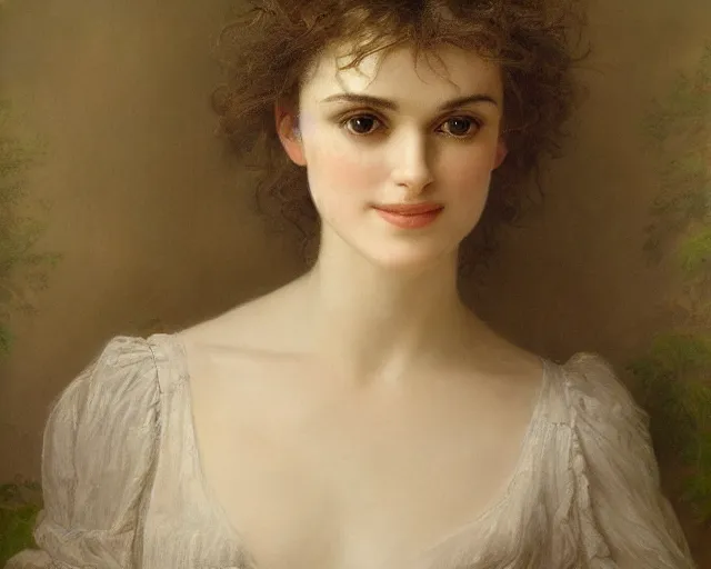 Image similar to portrait en buste of winona ryder kiera knightley in repose by Hughes Merle, by Pierre Auguste Cot, perfect detailed eyes, realistic fabric, abundant detail, dramatic pose