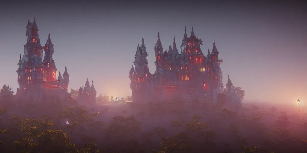 Prompt: a highly detailed photo of an spaceship castle surrounded by a mist shot during twilight on 3 0 mm film painted by alena aenami, rendered in unreal engine