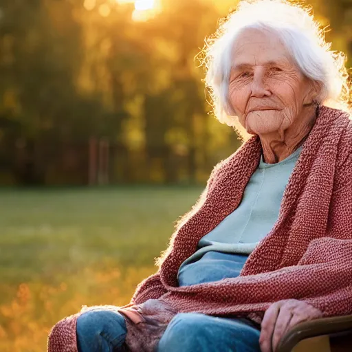Prompt: Photograph of a kind grandmother at golden hour