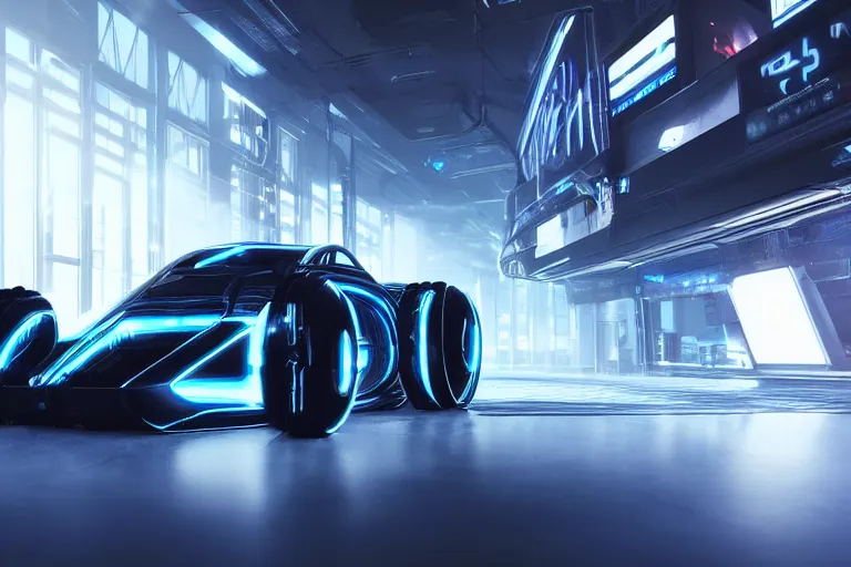 Image similar to cyberpunk tron concept inspired car, futuristic look, highly detailed body, very expensive, photorealistic camera shot, bright studio setting, studio lighting, crisp quality and light reflections, unreal engine 5 quality render