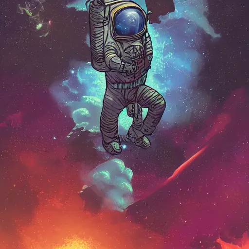 Image similar to astronaut falling on a nebula llustrated by laurie greasley, dan mumford, peter mohrbacher, hyper detailed, trending on cg society, crisp