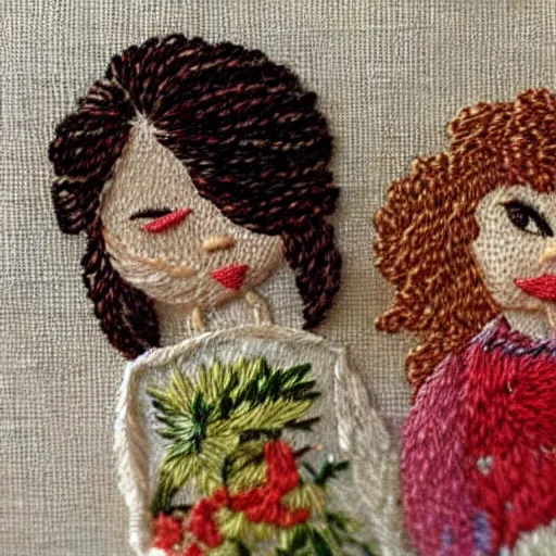 Prompt: a tiny beautiful handmade embroidery of two siblings, an older sister with curly brown hair and a younger brother with straight blonde hair. hand embroidery.