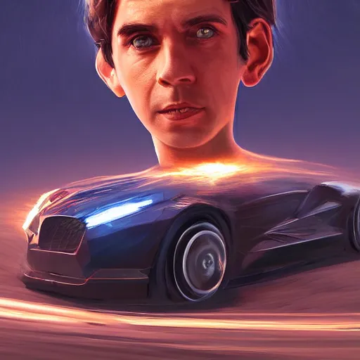 Image similar to Giant head of david copperfield with four wheels, running fast on a californian highway, digital painting, 4k, rays of light, particles light, kuvshinov ilya