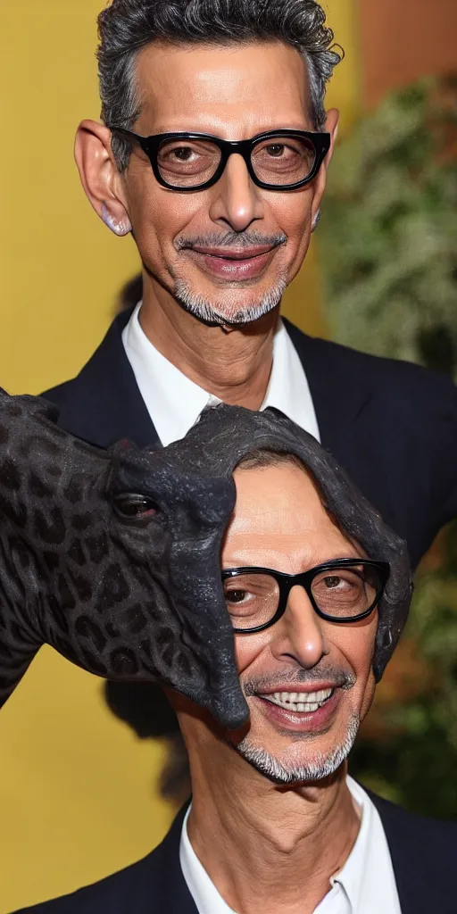 Image similar to a photo of jeff goldblum with a long giraffe neck