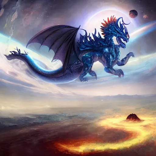 Prompt: prompt crystalline blue dragon eating a planet, space, planets, moons, sun system, nebula, oil painting, by Fernanda Suarez and and Edgar Maxence and greg rutkowski