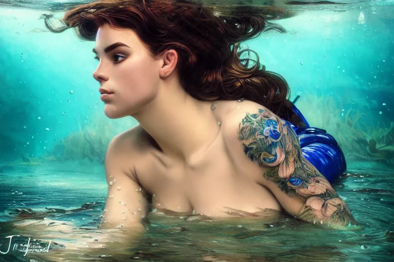 Image similar to underwater photography full body portrait of beautiful norwegian diver tattooed young hunter pincess swimming underwater, low angle, realistic, 4 k, high quality photography by terry o'neill intricate, elegant, highly detailed, smooth, sharp focus, by artgerm and greg rutkowski and alphonse mucha, 8 k