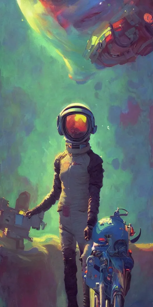 Prompt: ground control to major tom, fantastic characters in the scene, epic cyberpunk, lofi vibe, colorful, vivide colors, amazing light, really beautiful nature, oil painting, by jeremy lipkin, by claude monet, by makoto shinkai, kandinsky touches, multiple brush strokes, inspired by ghibli, masterpiece, beautiful