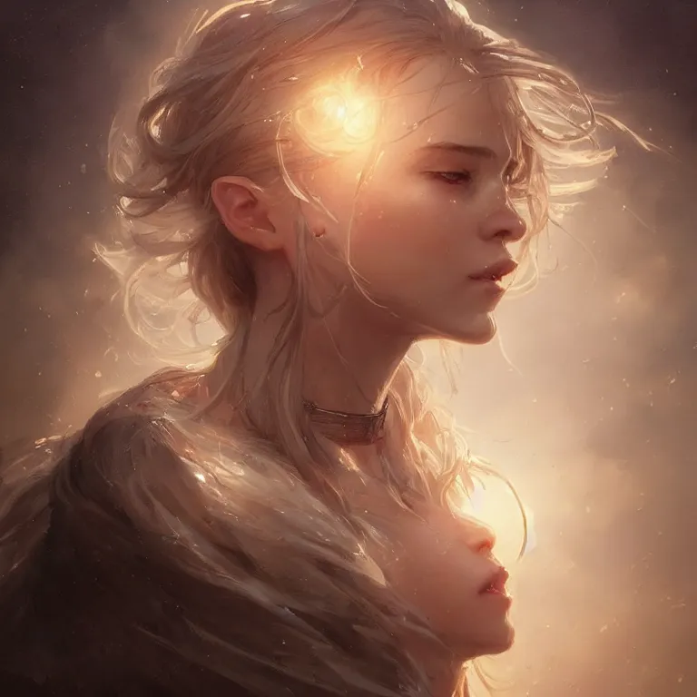 Image similar to a portrait of a beautiful hopeful lady with pretty eyes, beautiful eyes, highly detailed eyes, looking up onto the sky, light smiling, art of wlop and greg rutkowski, intricate, high details, epic fantasy art, bright light masterpiece, ray of light through white hair