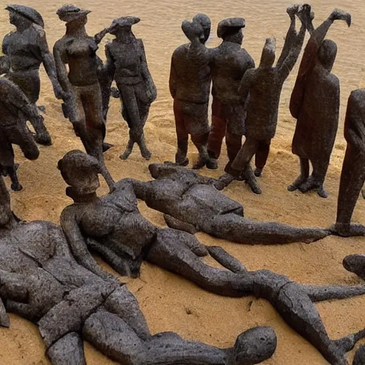 Image similar to This sculpture depicts a scene from the Spanish Civil War, which was a time of great turmoil and strife in Spain. The sculpture shows a group of people on a beach, with the ocean in the background. The people in the sculpture are all different sizes and shapes, and they are all looking in different directions. The sculpture is full of color and movement, and it is very expressive. The sculpture is also very powerful and emotional, and it has a very strong impact on the viewer. ivory by Suzanne Valadon flowing