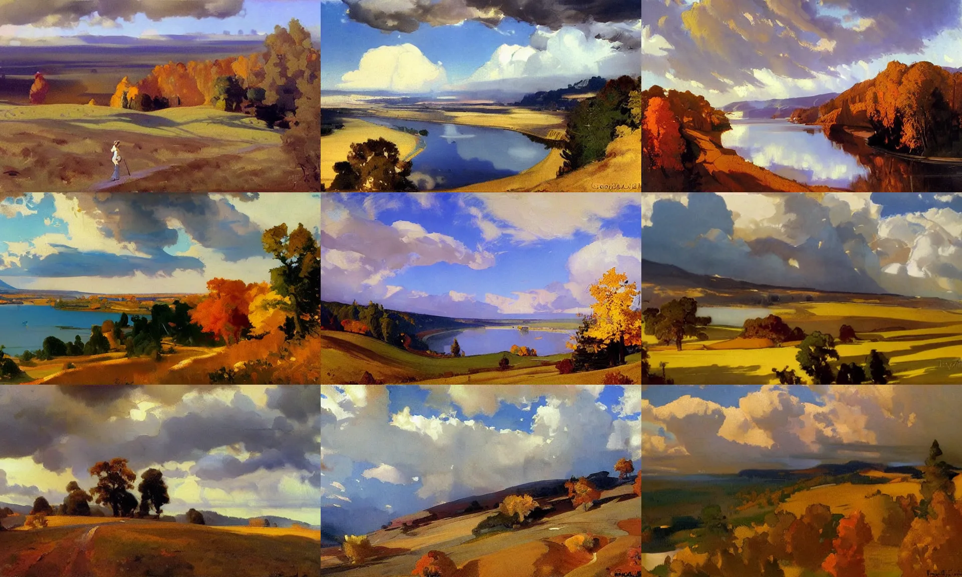 Prompt: painting by sargent and leyendecker and greg hildebrandt savrasov levitan autumn epic sky overcast, low thunder clouds foothpath at indian summer, wide river and lake, horizon tiny old house on top of hill view from above