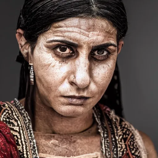 Prompt: intense portrait of 35 year old middle eastern skinned woman in ancient Canaanite clothing