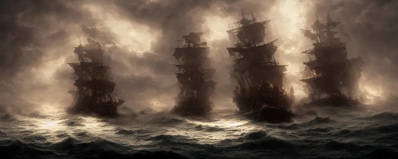 Image similar to fantasy ornate pirate warship on a stormy sea, fog, night, dramatic lighting, greg rutkowski, 4 k, artstation, matte painting, artstation