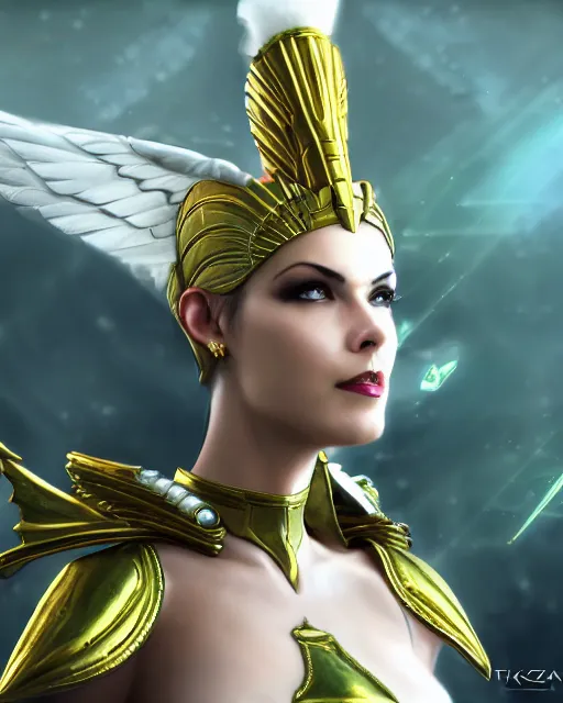 Prompt: smiling egyptian queen wearing white dove wings, warframe armor, regal, attractive, ornate, sultry, elize theron, pretty face, green eyes, scifi platform, 4 k, ultra realistic, epic lighting, illuminated, cinematic, black gold, art by akihito tsukushi, voidstar