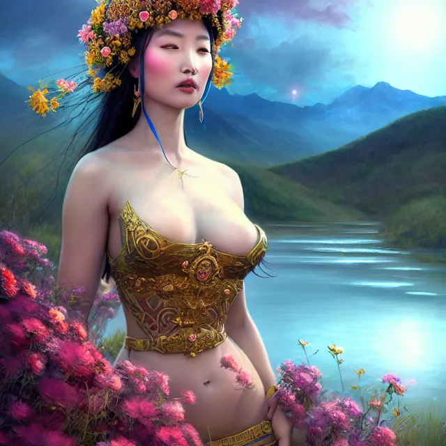 Prompt: beautiful 3 d render of a mongolian queen goddess in a sensual pose covered with flowers, sexy face, atmospheric lighting, intricate, volumetric lighting, beautiful, rich deep colours masterpiece, sharp focus, ultra detailed, in the art style of bowater, charlie, brom, gerald, with lake baikal in the background, astrophotography