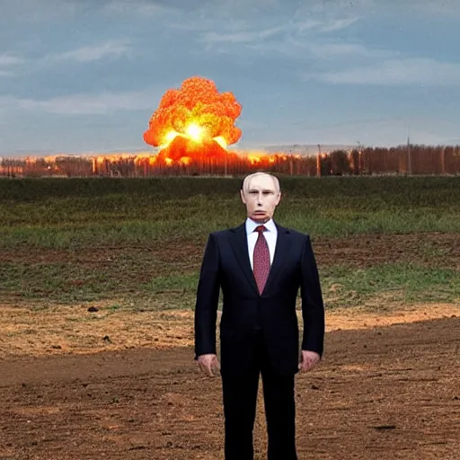 Image similar to putin standing next to nuclear explosion