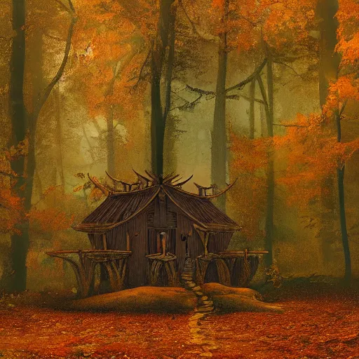 Prompt: shamans hut in an autumn forest, green and brown tones, by Aron Wiesenfeld and beksincki, cinematic, detailed illustration, nature, fog, dark colors, suspense, intricate, 8k