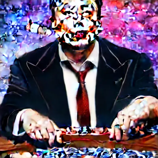 Image similar to UHD photorealistic Elon Musk playing poker with Shiba Inu hyperrealistic, correct details, cosmic dynamic lighting, symmetrical faces, accurate faces, in the style of art nouveau