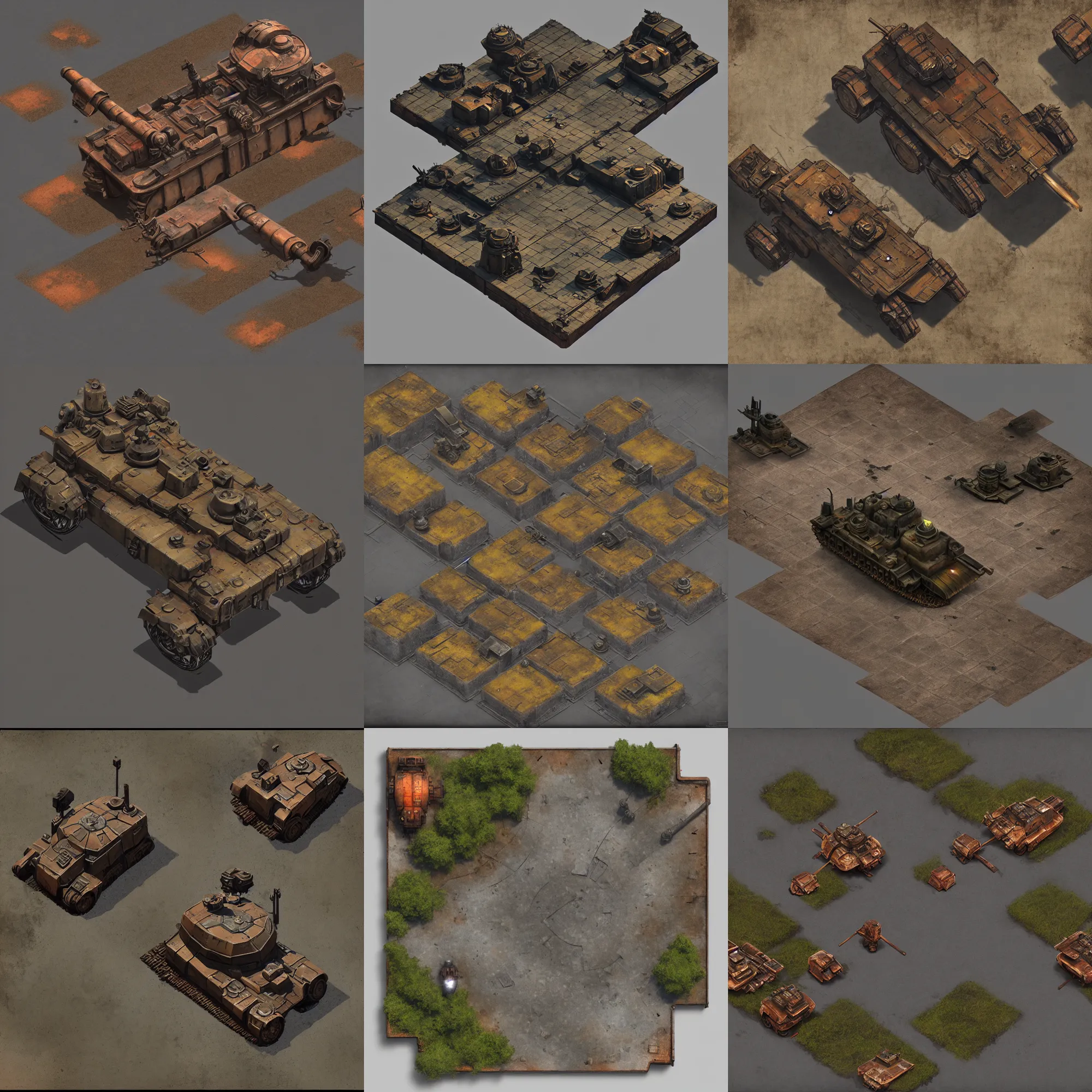 Prompt: 2 d square overhead view, digital painted rusted dieselpunk tank virtual tabletop asset sheet, roll 2 0, 2 - minute tabletop, battle map prop, black background, unity asset store, by greg rutkowski, trending on artstation