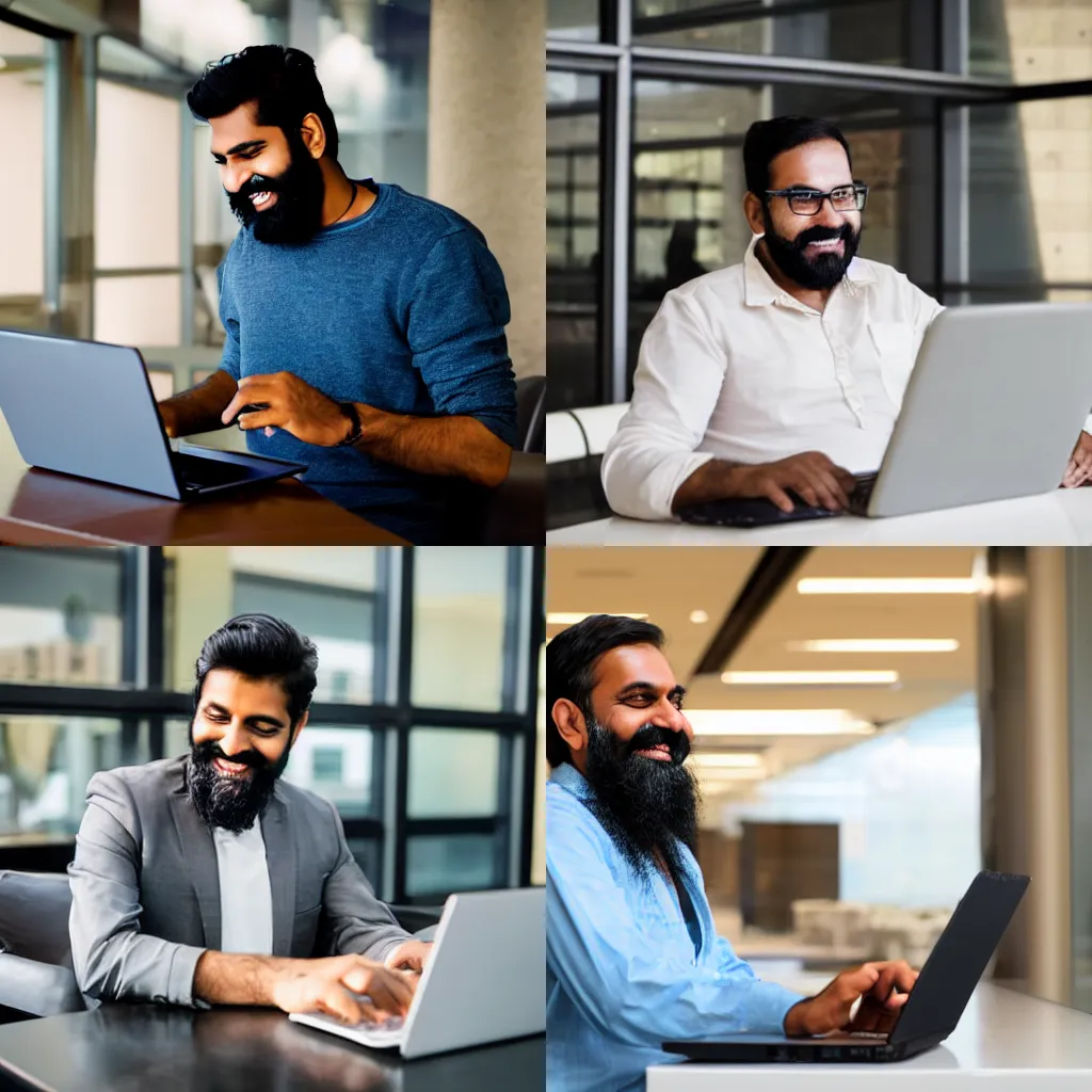 Prompt: smiling bearded indian businessman working on laptop in modern office lobby space.