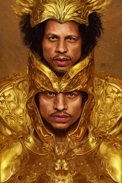 Image similar to eric andre in gold armor, gold hair, gold eyes, tanned skin, fantasy, intricate, highly detailed, digital painting, artstation, concept art, smooth, sharp focus, art by Artem Demura and Alphonse Mucha, ArtGerm, Valentina Remenar, Gaston Bussiere, Cedric Peyravernay