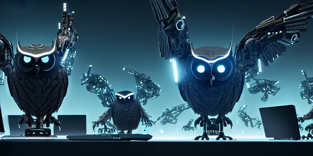 Image similar to an giant evil, malevolent, cyborg owls looking at a computer, surrounded by computer screens. this 4 k hd image is trending on artstation, featured on behance, well - rendered, extra crisp, features intricate detail and the style of unreal engine. volumetric lighting octane render