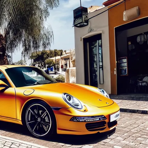 Image similar to Photo of a copper yellow Porsche 911 Carrera 3.2 parked in front of a cafe in Cyprus, daylight, dramatic lighting, award winning, highly detailed