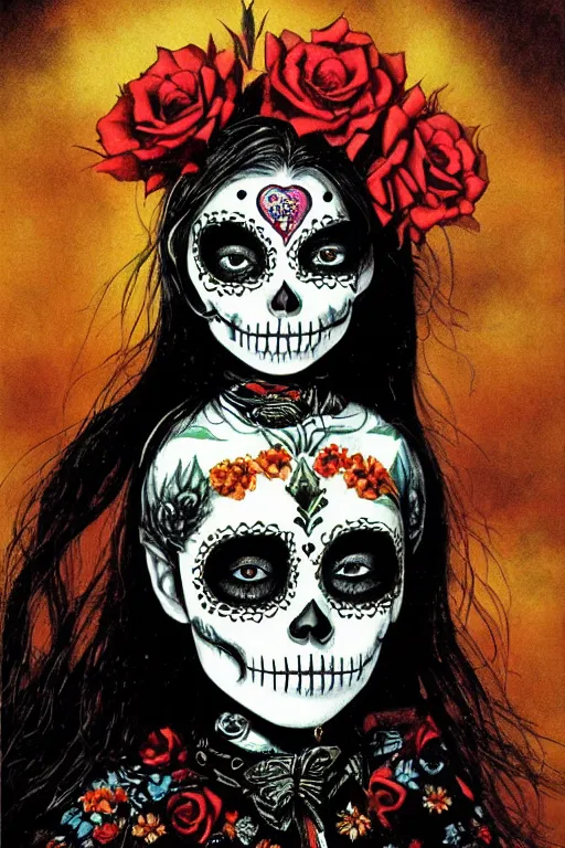 Image similar to Illustration of a sugar skull day of the dead girl, art by les edwards