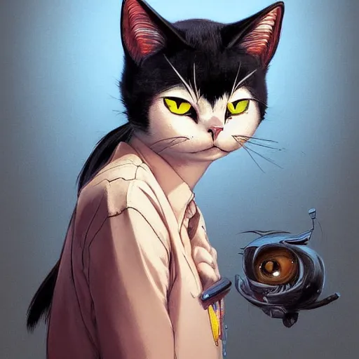 Prompt: A cowboy cat with big and cute eyes, fine-face, realistic shaded perfect face, fine details. realistic shaded lighting poster by Ilya Kuvshinov katsuhiro otomo ghost-in-the-shell, magali villeneuve, artgerm, Jeremy Lipkin and Michael Garmash, Rob Rey and Kentarõ Miura style, trending on art station