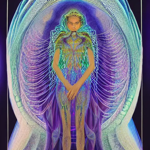 Image similar to 3 d goddess minerva, medium shot portrait. beautiful hyperrealistic intricate highly detailed and richly embroidered with esoteric symbols gown, surrounded by stacks of books bioluminescent, curious, plasma,, artwork by alex grey and salvador dali