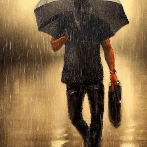 Prompt: a beautiful toned man in the rain, aesthetic, oil painting, pale colors, high detail, 8 k, wide angle, trending on artstation,